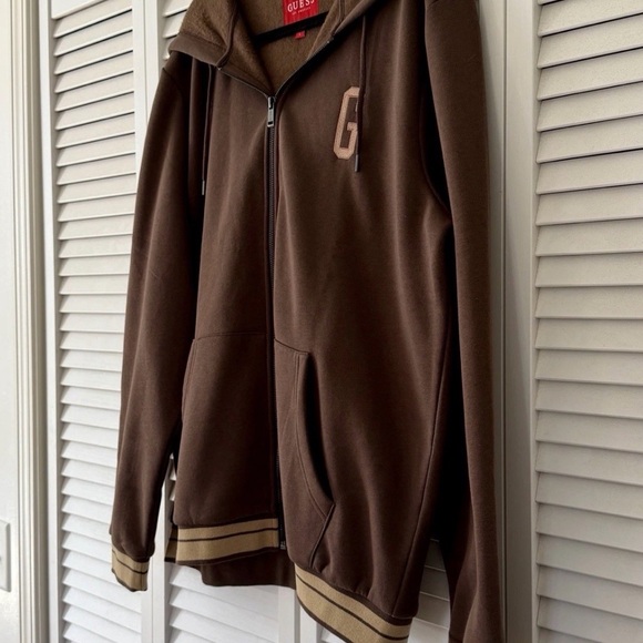 Guess Los Angeles Men’s Coarse Brown Sweatshirt Hoodie Fleece Zip Up Logo Size L - Picture 2 of 9